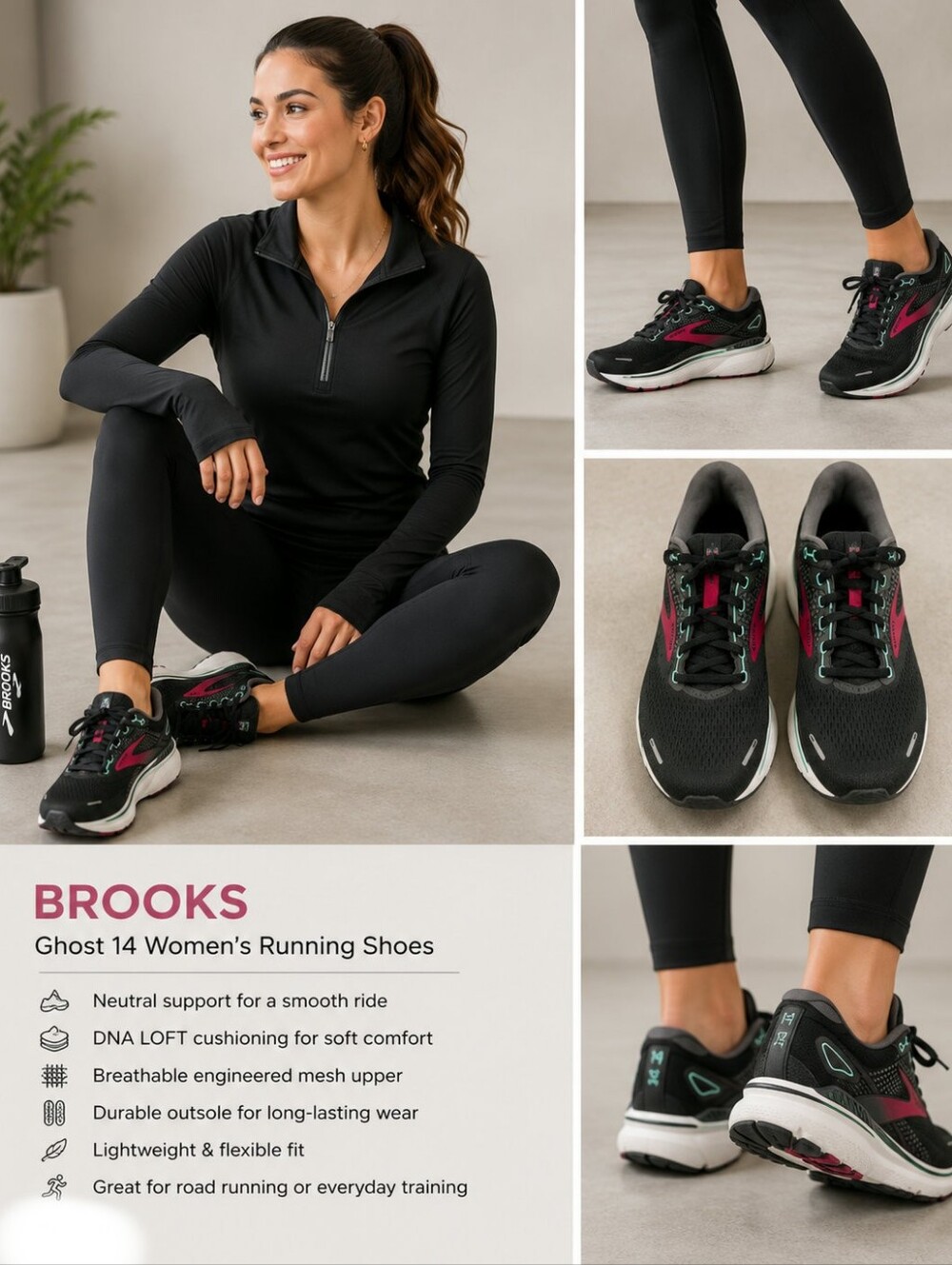 Brooks Ghost 14 Womens Running Shoes Black Pink Teal Sneakers Road Runner S 9